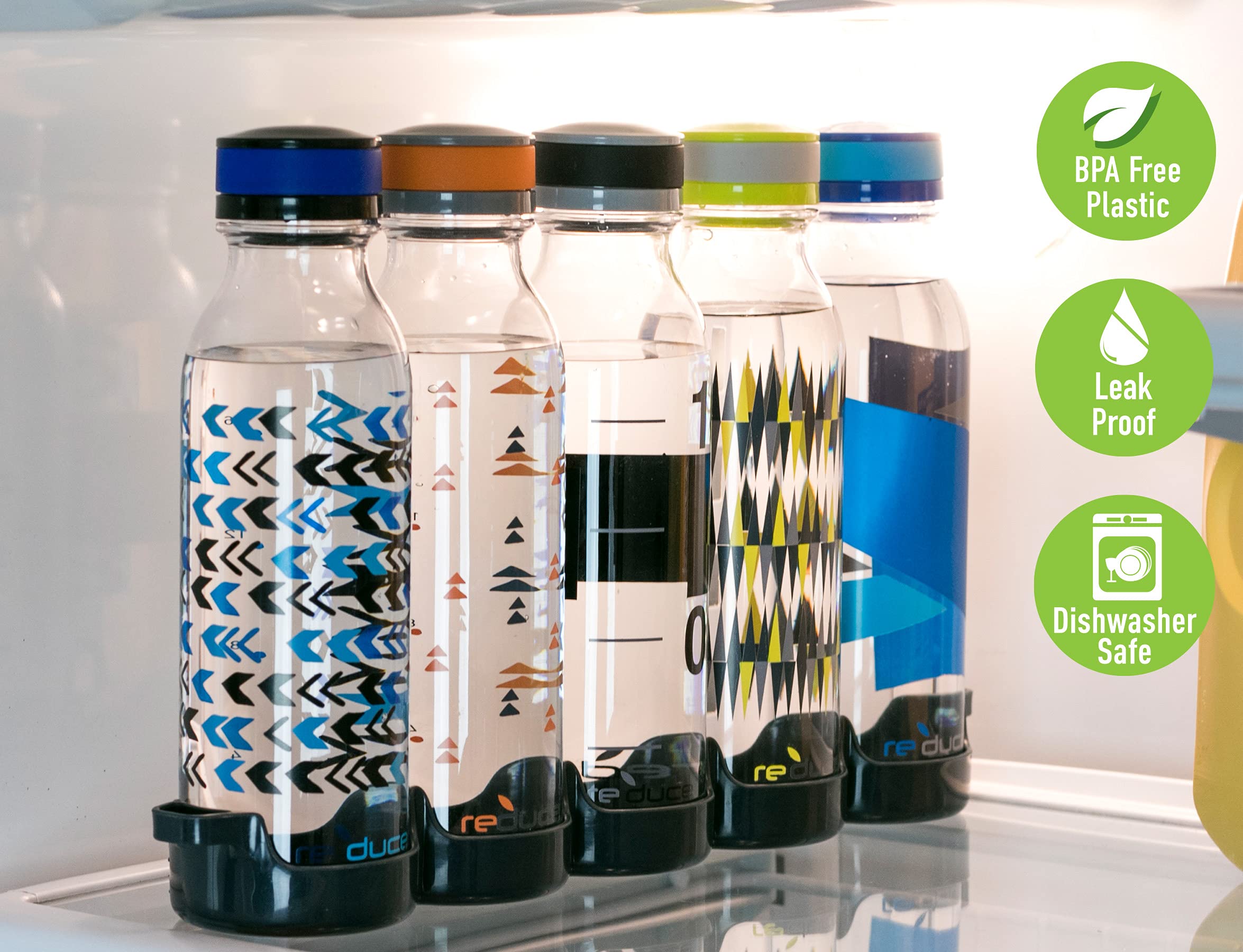 REDUCE WaterWeek Reusable Water Bottle Set  20oz - Plastic Reusable Water Bottle Set of 5  Plus Fridge Tray - BPA-Free  Leak Proof Twist Off Cap - Score